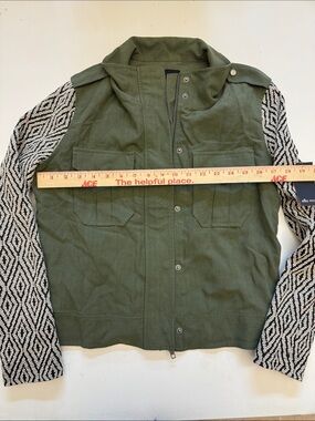 Ella Moss Olive Green Military Jacket with Black-and-White Patterned Sleeves